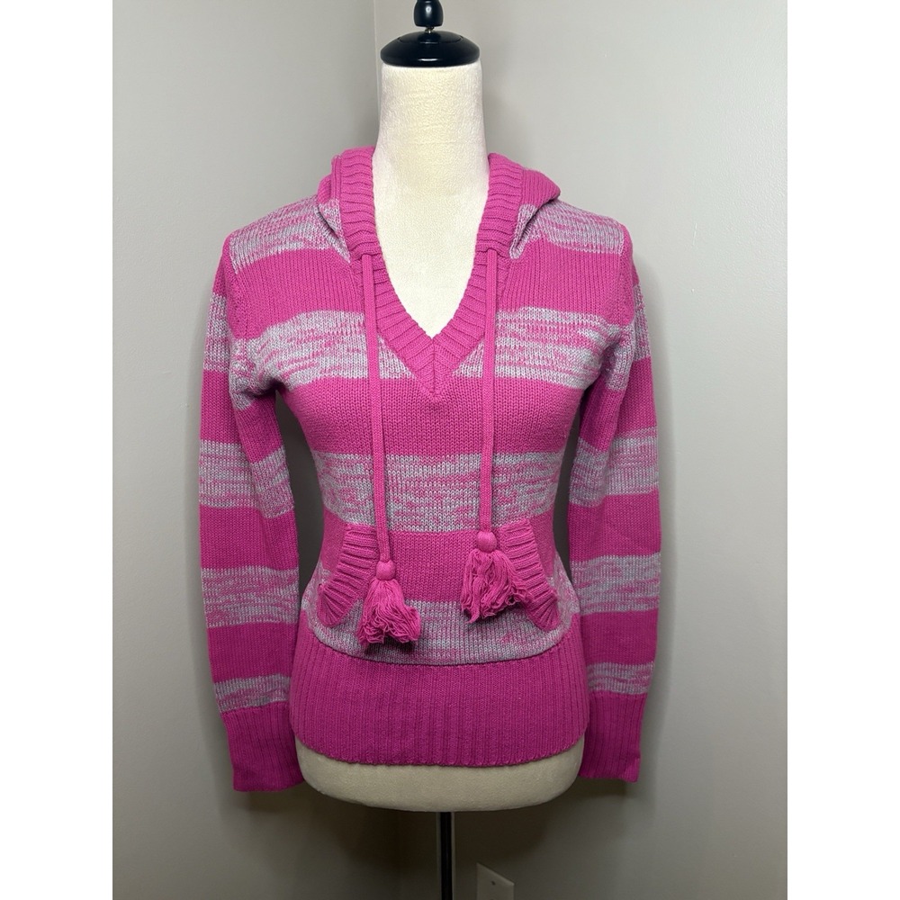 VTG OP Ocean Pacific Pink Striped Hooded Knit Sweater Tassels Y2K Surf Medium